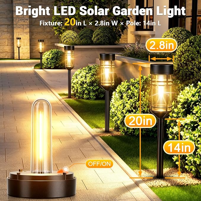 Amzarp 2 Pack Solar Garden Lights, Outdoor Bright LED Solar Pathway Lights | IP65 Waterproof Rugged Shatterproof Auto On/Off for Landscape Garden Yard Walkway Driveway Lawn Lighting（3000K Warm White）