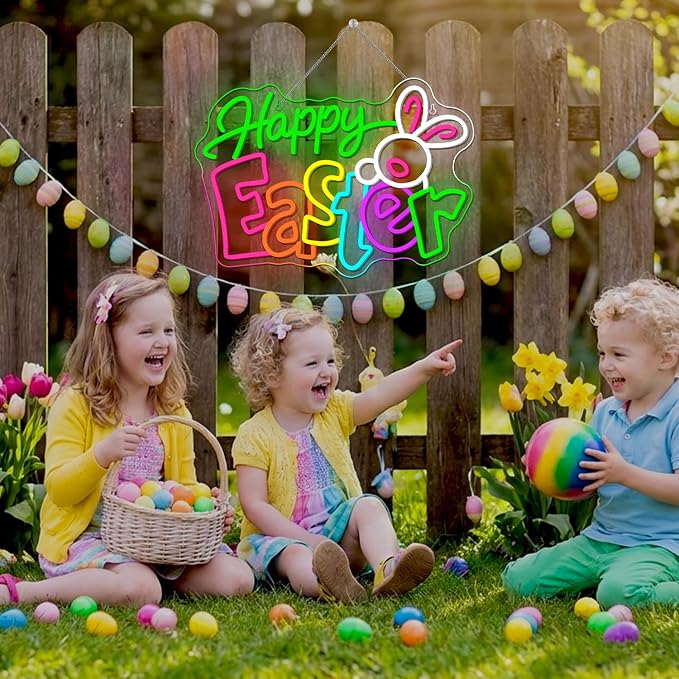 Happy Easter Neon Sign Bunny Neon Light Up Easter Decor Indoor for Home Living Room Windows Spring Decor LED Bunny Sign Rabbit Themed Gifts for Teens Families in Family Games