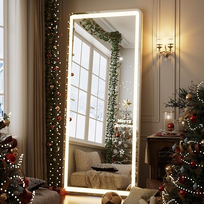 Easly 76"x 34" Full Length Mirror with Lights, LED Lighted Floor Standing, Hanging Full Length with Stand, Full Body Dressing Mirror with Dimmable 3 Color LED