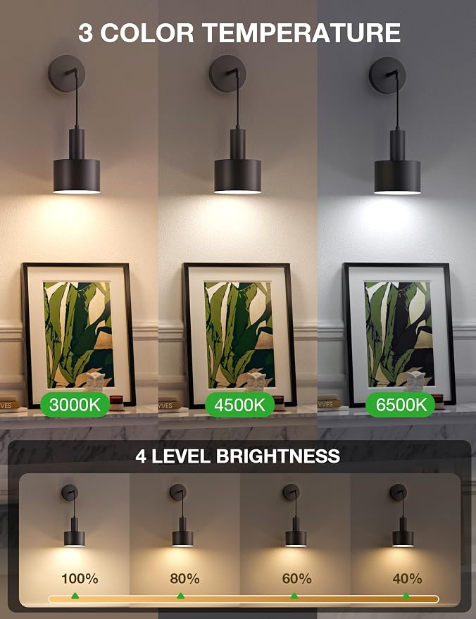Battery Operated Wall Sconce Set of 2, Black Wireless Rechargeable Wall Lights with 5200mAh Dimmable Detachable Bulbs and Remote, 9 Colors Sconces Wall Decor for Bedroom Living Room Hallway