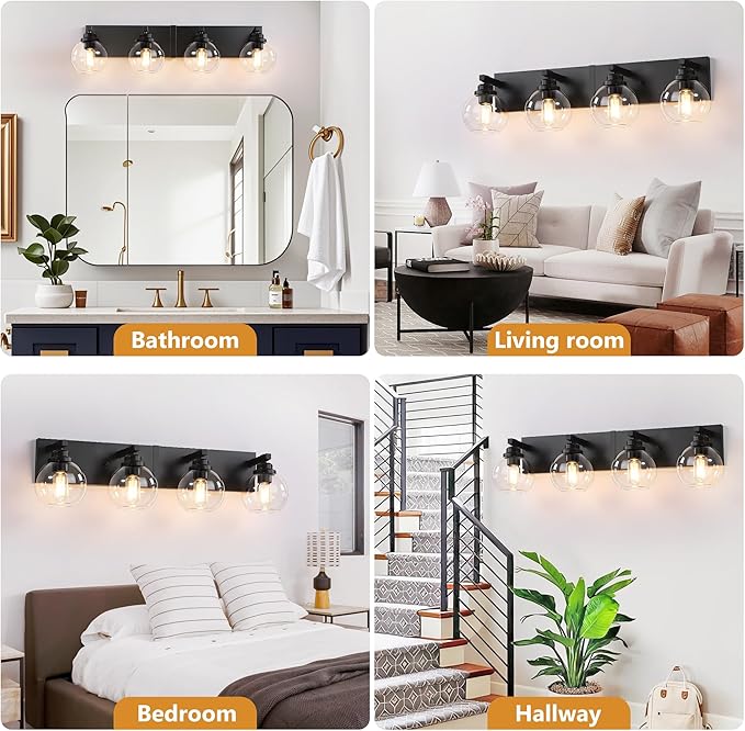 Bathroom Light Fixtures, 4-Light Matte Black Vanity Lights, Modern Bathroom Lighting Fixtures Over Mirror, Farmhouse Vanity Lights with Glass Shade for Living Room, Bedroom, Hallway