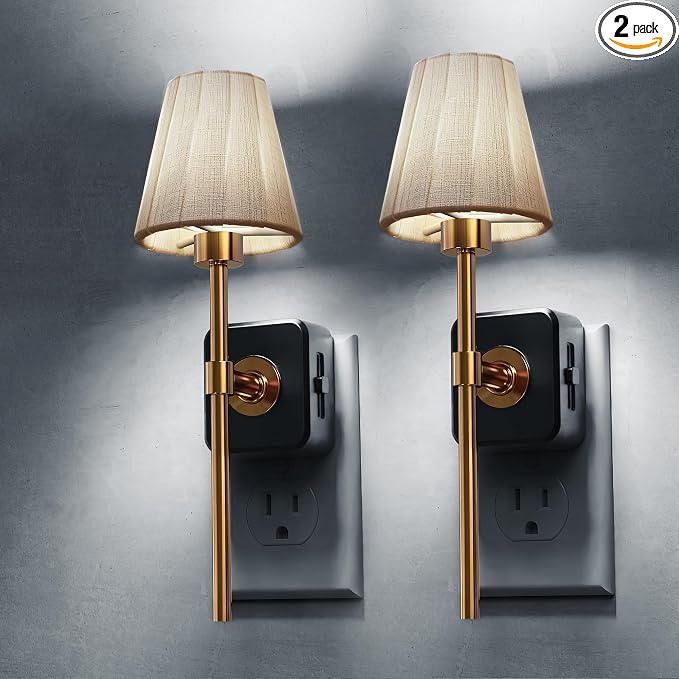 L LOHAS LED Night Lights Plug into Wall, Pleated Fabric Cover Night Light | 2 Pack 5000K Daylight with 0-100LM Dimmable Night-light, Dusk to Dawn Sensor Vintage Nightlight for Bedroom Living Room