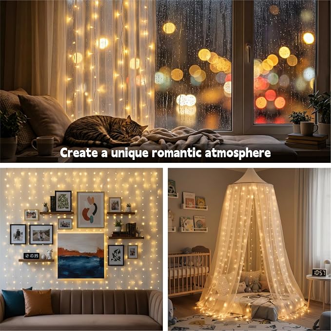 Curtain String Light, 200LED 6.6x6.6ft, Remote & 8 Modes, USB | Window Wall Hanging String Lights, For Bedroom, Wedding, Party, Home, Garden and Indoor Decorations, Warm White