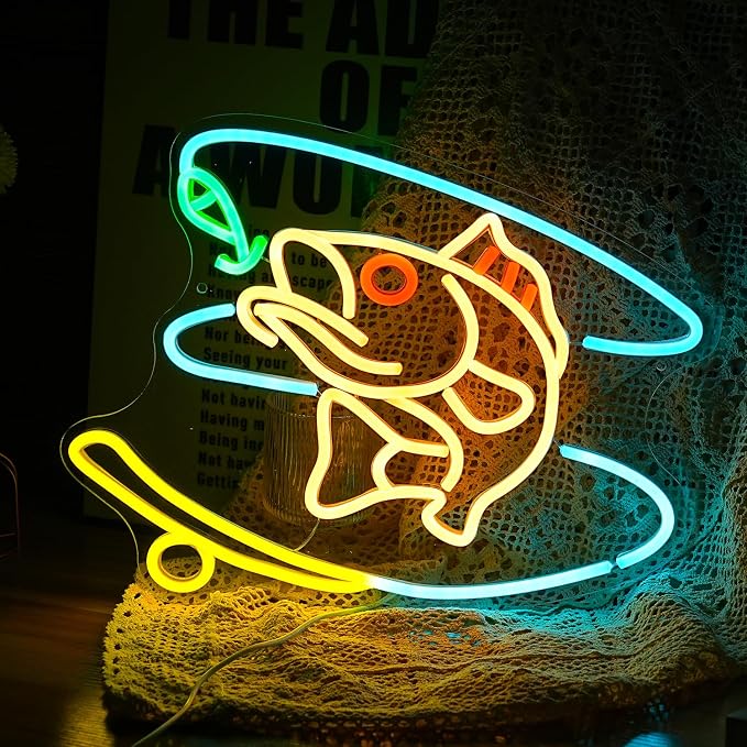 GNVETZLL Fishing Neon Sign Dimmable Fish Neon Light for Wall Decor LED USB Powered Fishing Hook Lights for Fishing Gear Store Yacht Man Cave Living Room Boys Gifts(Multicolor 15.7‘’*12.4‘’）