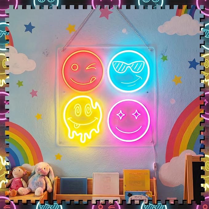 Smile Face Neon Classroom Sign Multicolor Smile Face LED Neon Light for Wall Decor Gifts LED Sign for Classroom Bedroom Party Bar Wedding Art Decoration Gifts