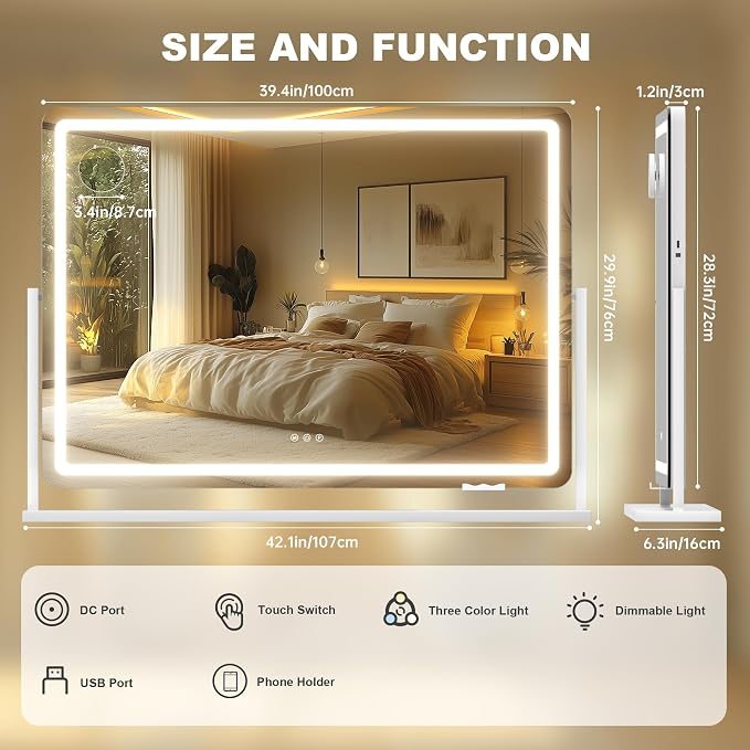 Hasipu Vanity Mirror with Lights, 40" x 29" LED Makeup Mirror, Light up Mirror with 10X Magnification and Phone Holder, USB Charging Port, Smart Touch 3 Colors Dimmable (White)