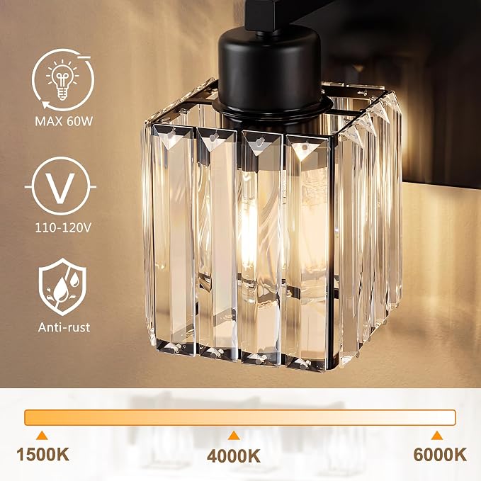 Modern Bathroom Vanity Light, 3-Light K9 Crystal Bathroom Lighting Fixtures Over Mirror, Black Vanity Light with Square Shade
