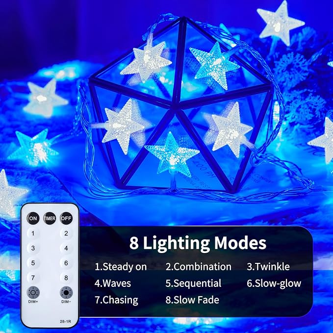 Minetom 33ft Blue and White Star String Lights Plug in | 100 LED, Remote and Timer, 8 Modes, Waterproof for Tent Loft Bed Backyard Patio Balcony Staircase Classroom Decor