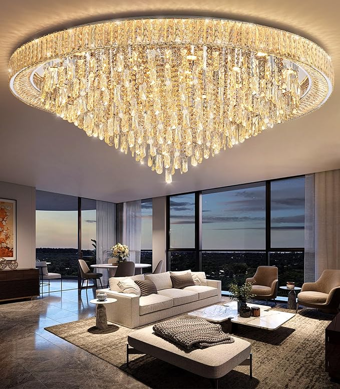 53.7" Modern Chandeliers LED Dimmable Crystal Flush Mount Ceiling Chandeliers for Living Room High Ceiling Entrance Foyer Lobby Bedroom Silver