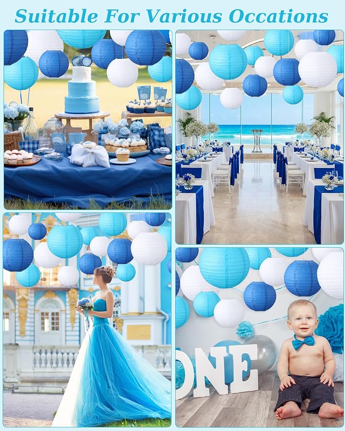 Treela 48 Pcs Paper Lanterns Party Decorations Round,Blue,White | Chinese Hanging Lamps, Wedding, Party Supplies, Birthday Bridal, 4/6/8/10 Inch, Easy Setup, Asian Decor, Festive Atmosphere