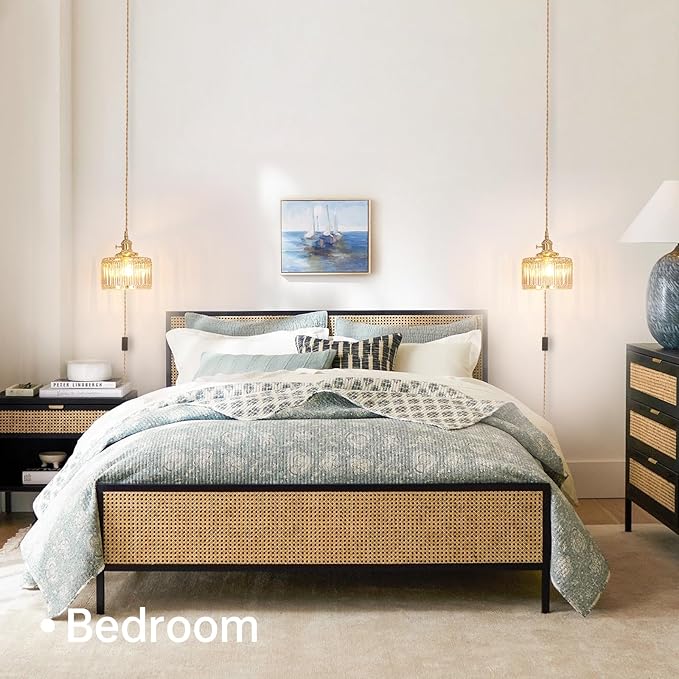 Plug in Pendant Light Hanging Light Fixtures with Plugin Cord On/Off Switch,Amber Striped Glass Lampshade Brass Pendant Light