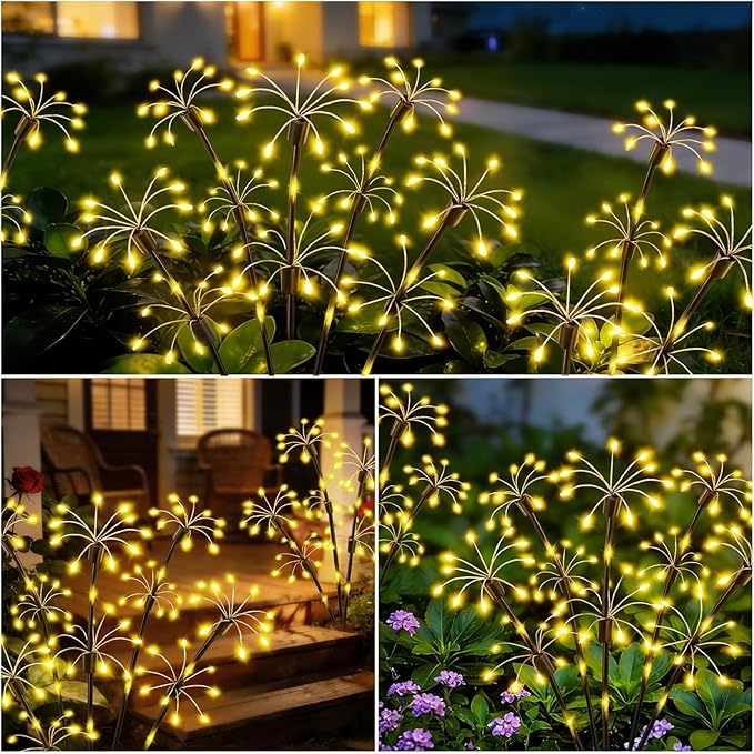 Solar Garden Lights Outdoor, 4 Pack 2-Layer Swaying Fairy Firework Lights | Waterproof Starburst Flower Light, Garden Decor for Yard Patio Pathway Lawn, Gardening Gifts for Women Mom Grandma Christmas