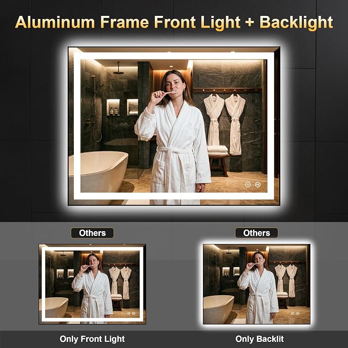 LED Bathroom Mirror with Light, 30x40 Vanity Mirror for Wall with Frame | Anti-Fog, Dimmable 3 Colors, Memory Function, Backlit and Front Lit, Shatter-Proof Glass, Plug-in/Hardwired