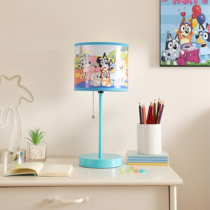 Bluey Table Lamp for Kids,Stick Lamp with Printed Shade & Pull Chain,Bedroom or Nursery Nightstand Lighting,Official Bluey Merchandise