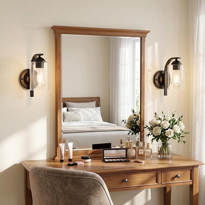 Wall Sconces Lights Lamp for Bedroom Bathroom, Modern Vanity Light Fixtures, Matte Black Farmhouse Wall Mount Lighting Lanterns with Clear Glass Shade for Living Room Mirror Hallway Kitchen