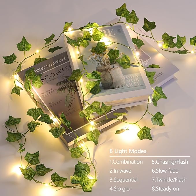 2 Pack Vines with Lights Battery Operated, 6.56ft 20 LED Vines with Fairy Light, Leaf Light with 8 Modes, Fake Vines Ivy String Lights for Bedroom, Wall, Room, Garden, Party Decor