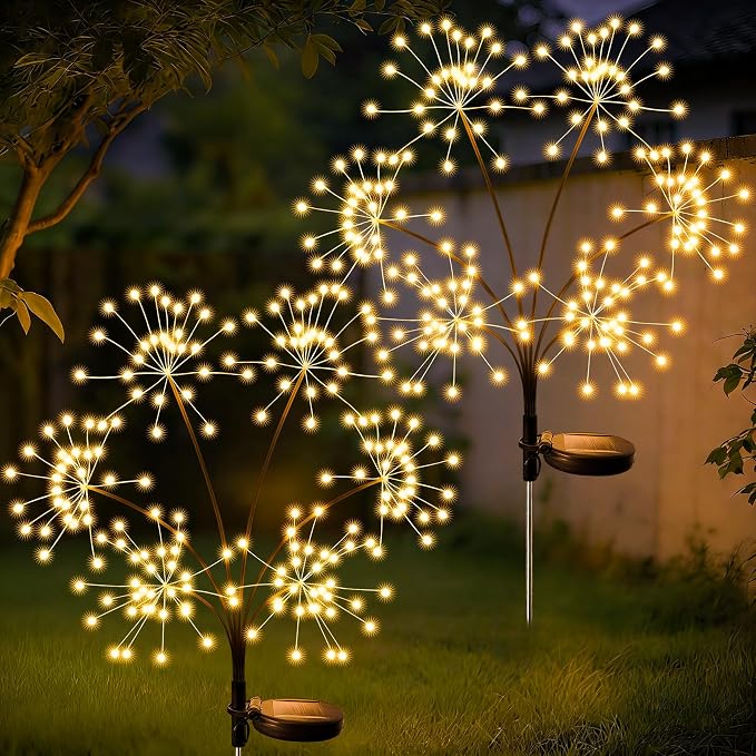2 Pack Solar Garden Lights Outdoor Waterproof, New Upgraded 6 Branches Firework Starburst Lights with 2 Modes, Solar Fairy Lights for Yard Garden Patio Pathway Party Decor - Warm White