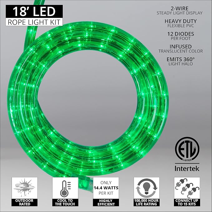 Wintergreen Lighting 18' LED Green Rope Light, Flexible Rope String Light Outdoor – Bedroom LED Light Rope, 120V, ½ Inch, 2-Wire – Rope Light Clips and Power Cord Included