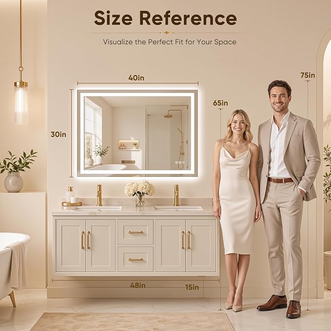Antok 30x40 LED Bathroom Mirror with Lights, Backlit + Front Lit Vanity Mirror with CRI>90, Dimmable Anti-Fog Smart Mirror with Memory Function, 3 Color Temperatures, Shatterproof Tempered Glass, ETL