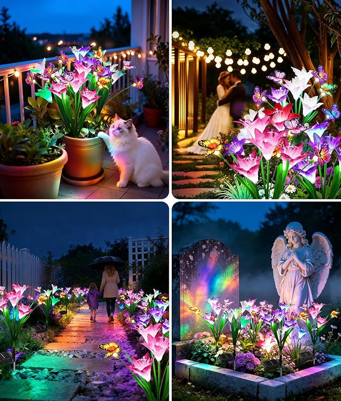 KOOPER Solar Lights Outdoor Garden Decor 10 Pack, 40 Lily Flowers and 30 Swaying Butterflies, IP65 Waterproof 7 Color Changing Solar Flower Lights for Yard Patio Pathway, Gifts for Mom Women Grandma