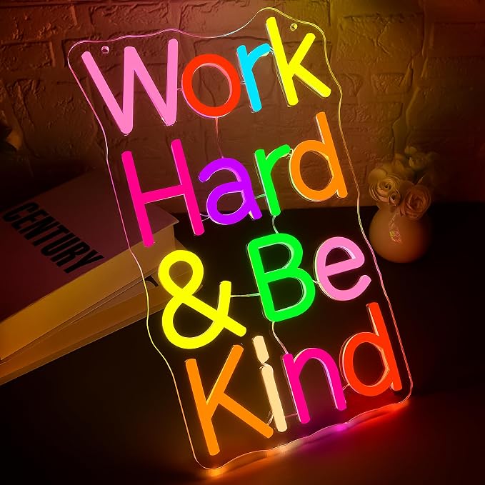 Work Hard Be Kind Neon Sign for Wall Decor | Dimmable kind inspirational neon light, home office bedroom decor, birthday gift for teens adults, size 15.1*9.4 in