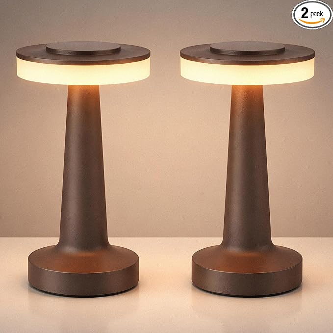 Riakrum 2 Pcs Brown LED Portable Cordless Table Lamp Bulk with Touch Sensor 3 Color Stepless Dimming Rechargeable Battery up to 15 Hours Cordless Table Light Wireless Lamp Wedding Home