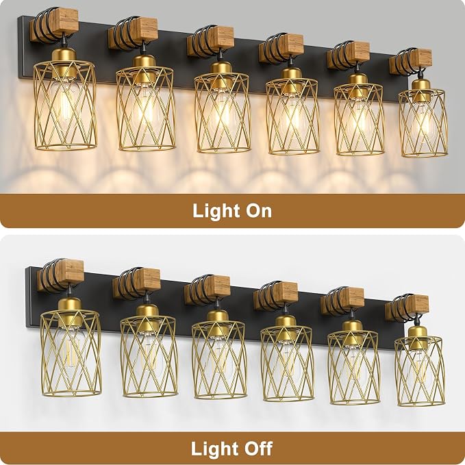 IZORRO Farmhouse Bathroom Vanity Light, 6-Light Wood Bathroom Light Fixtures Over Mirror, Black and Gold Industrial Vanity Lights with Metal Shade, Rustic Restroom Lighting Fixtures