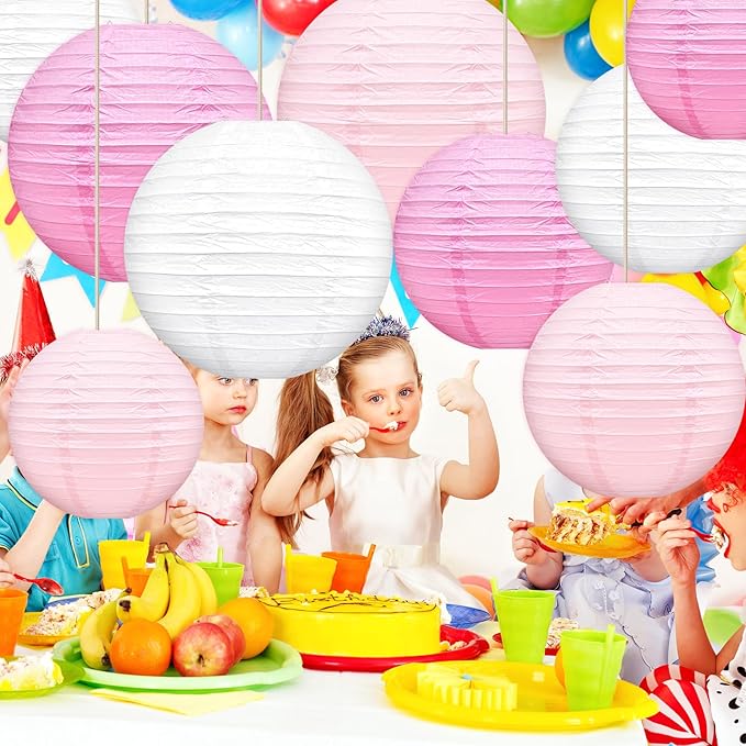Paper Lanterns Celehappy Hanging Round Pink and White Paper Lanterns Decorative 8” 10”12" Chinese Lanterns for Birthday Wedding Party Decoration Baby Showers Valentine Indoor Outdoor 18pcs