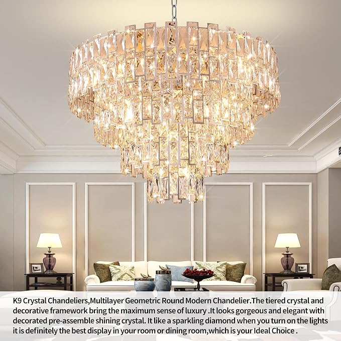 32" Luxury Crystal Chandelier for Dining Room, Modern Ceiling Light, French Empire Style with Premium K9 Crystals, Elegant Chrome Finish, Perfect for Living Room or Bedroom, 21-Light Fixtur (Chrome)