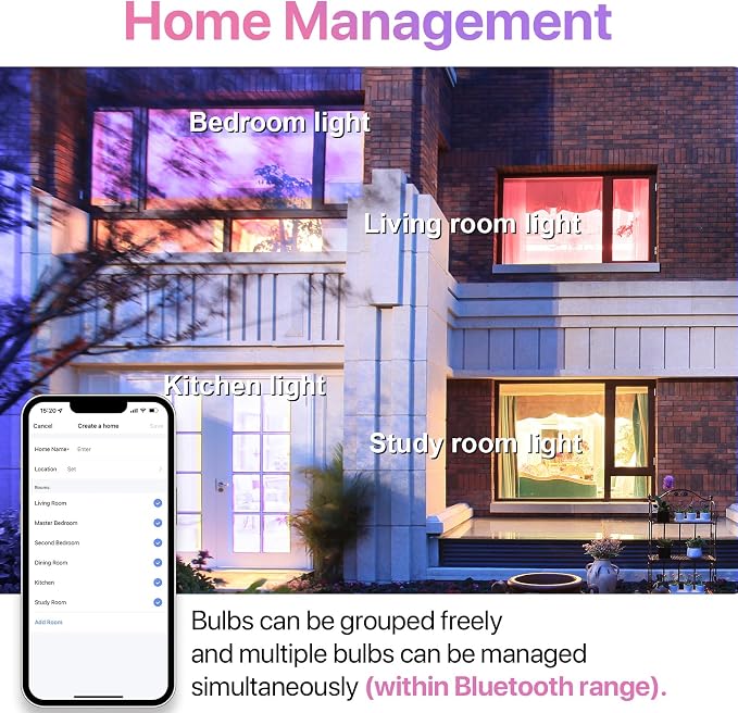 Bluetooth Smart Light Bulb 60 Watt, Dimmable Color Changing, 2 Pack | E26 Lightbulbs 9W A19, RGBCW Multicolor, Music Sync, Timer Schedule Settings (No WiFi Connection)