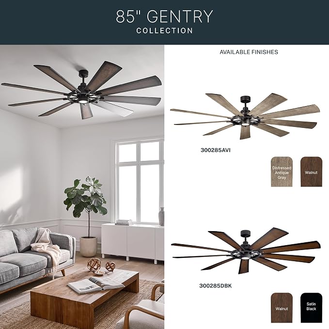 Kichler Gentry 85" Ceiling Fan with LED Light, Anvil Iron | Large DC motor fan with 9 blades and dimmable LED light for expansive indoor rooms, 300285AVI