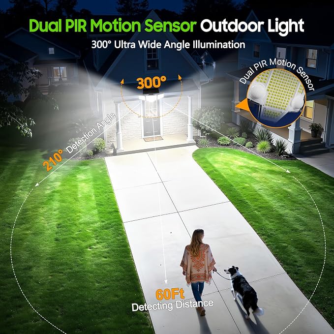 Solar Lights Outdoor Waterproof, 4000LM Solar Flood Lights -Dual Motion Sensor & Curved 300°Wide Beam, Larger 3500mAh, Adjustable Solar Security Lights for Yard-2Pack Black