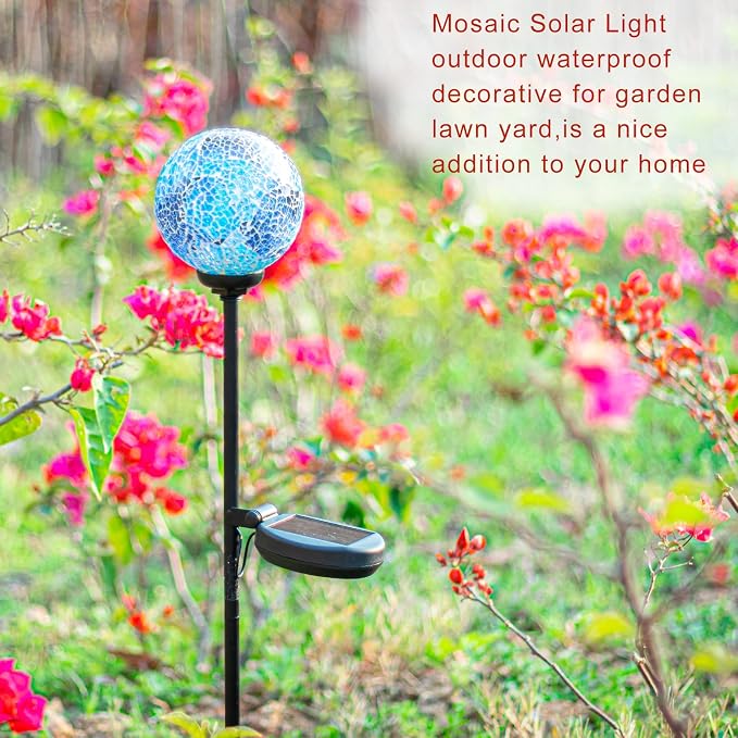 VCUTEKA Decorative Solar Garden Lights, 3.5" Mosaic Globe Outdoor Stake | Mosaic Glass Globe Design, Solar LED Light, Waterproof Design, Auto On/Off and Metal Stake Design for Lawn and Patio