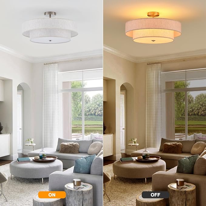 21.7" Large Chrome Flush Mount Ceiling Light, Linen 4-Light Fixture | Beige Linen Double Drum Shade, Modern For Bedroom, Living Room, Kitchen, Dining Room, Nursery,Close-To-Ceiling, E26, Dimmable