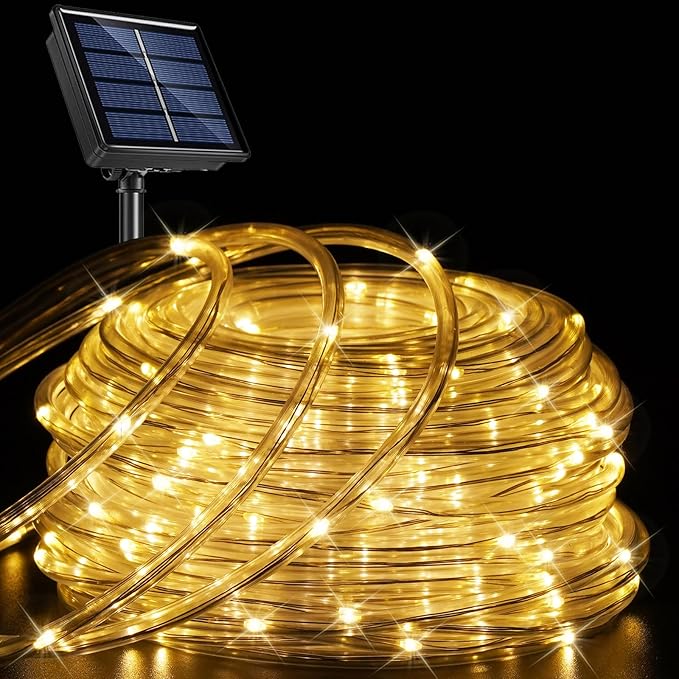 YEGUO Solar Rope Light Outdoor Waterproof, 66ft 200 LED Warm White String Lights, 8 Modes Tube Christmas Lights in Clear Thin Tube