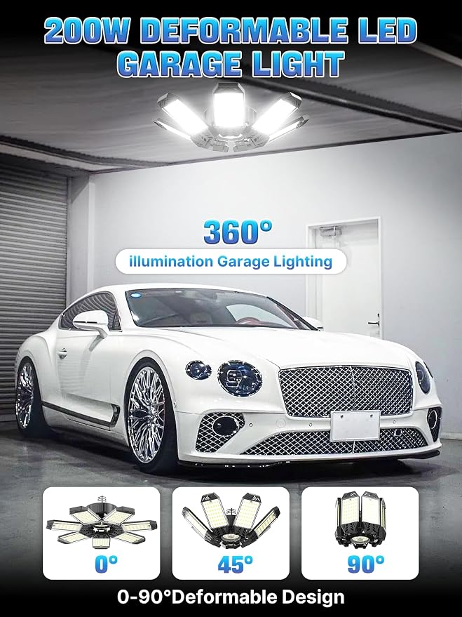 LED Garage Light 200W, 8 Pack 20000LM 6500K Garage Lights Ceiling Led with 7 Deformable Panels, Screw in E26/E27 Socket Shop Light for Workshop Basement Barn Bay Lighting