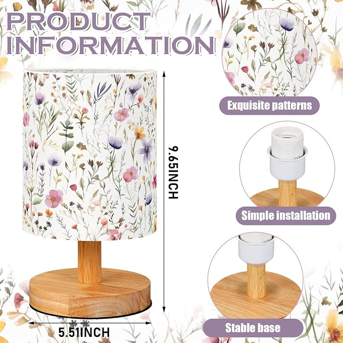 Wildflower Kids Table Lamp for Bedroom Kids Bedside Lamp with Linen Wooden Nightstand Cartoon Nursery Lampshade for Girls Boys Living Room