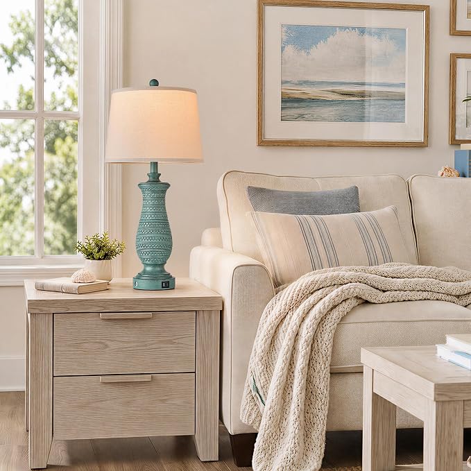 Living Room Lamps Set of 2, Table Lamps for Bedroom, Farmhouse Lamps for Nightstand with Oatmeal Linen Lampshade (Peacock Blue)