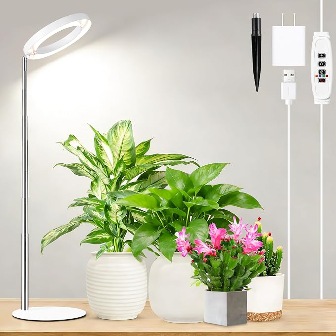 Hywyimlait 6.3" Indoor Plant Growth Lights, Full Spectrum Plant Growing Lights, 8.2"-37.4" Height Adjustable Desk Grow Lamp with Base and Ground Stake, Auto Timer 4/8/12/18H, 3 Light Modes, 10 Dimming