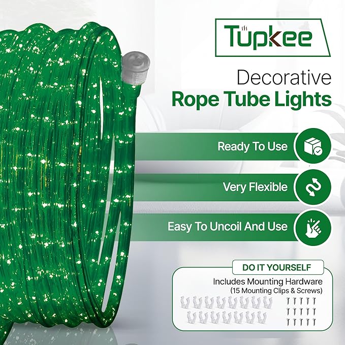Tupkee LED Rope Light Green - for Indoor and Outdoor use, 24 Feet (7.3 m) - 10MM Diameter - 144 LED Long Life Bulbs Rope Tube Lights