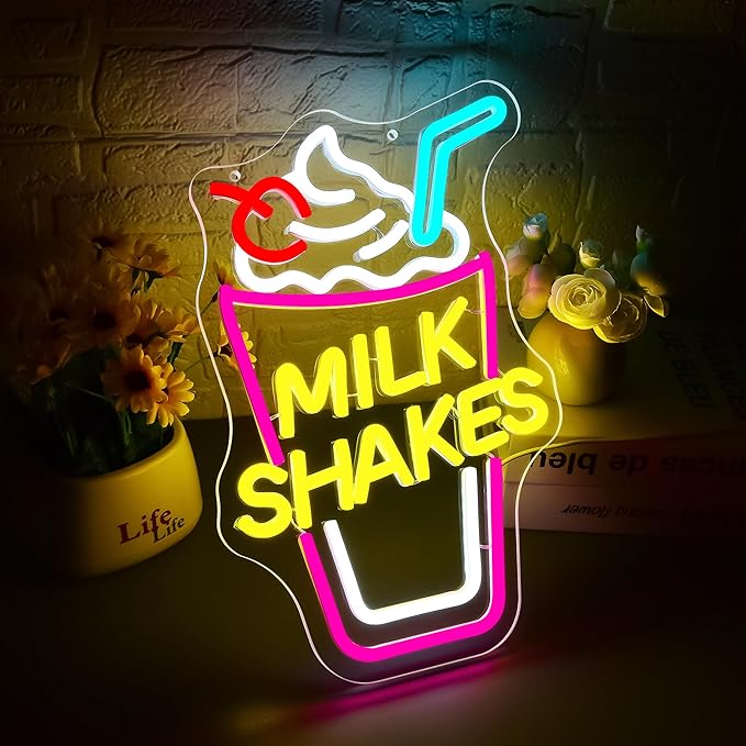 Milk Shake Neon Sign for Wall Decor Dimmable Ice Cream Neon light for Milk Tea Shop LED Neon Light Up Sign for Food Drink Restaurant Dessert Store Bar Birthday Gifts Art Size14.5 * 10In (WZCP221)