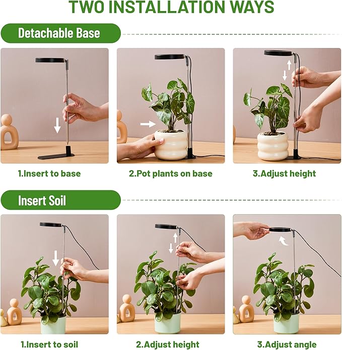LBW Grow Lights for Indoor Plants, Full Spectrum Halo Grow Light with Base | 48 LEDs Plant Light for Small Plant, Base/Soil Stake, 7.8-26" Adjustable, 6/8/12/16H Timer, 3 Color Mode, 5 Brightness, Black