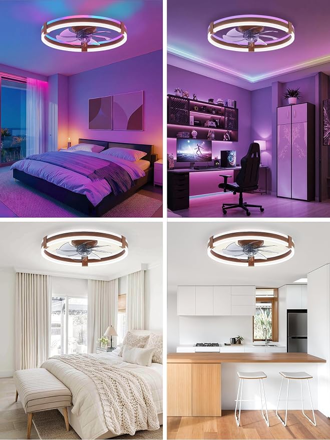 ZMISHIBO 20" RGB Low Profile Ceiling Fans with Lights and Remote, Walnut | Custom RGB+3CCT Dimmable, 6 Speeds, Remote/App Control, Reversible DC Motor, Memory, Timer, Modern Fandelier for Kids/Bedroom