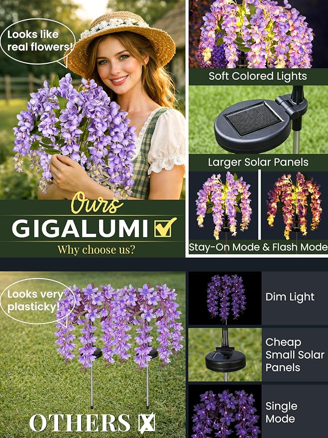 GIGALUMI 3 Pack Solar Wisteria Flowers Outdoor, 2 Modes, Purple | Flower Lights, IP65 Waterproof, Auto On/Off, Solar Powered, Garden Decor, for Pathway, Yard, Patio, Gardening Gifts for Women