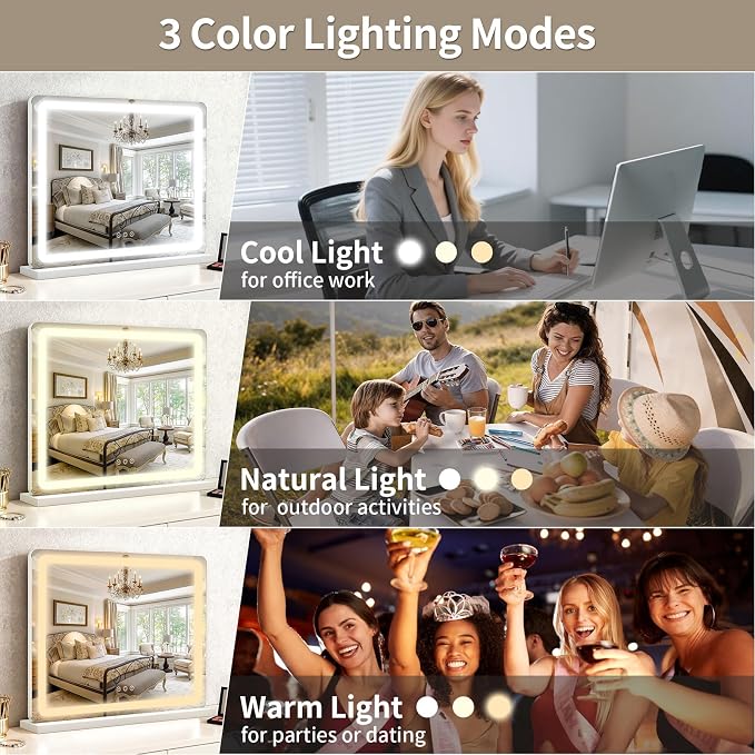 ROLOVE 23"x 18" Large Vanity Mirror with Lights, LED Makeup Mirror for Dresser and Desk, 10X Magnification, Dimmable Touch Control, Wall Mounted or Tabletop Mirror for Bedroom (White)