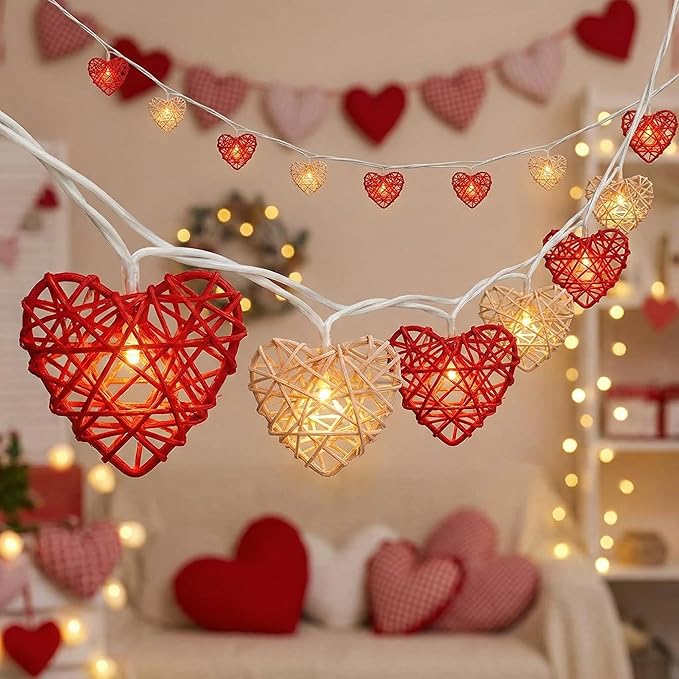 8.5ft Valentine’s Day Heart String Lights Plug in, Valentines Decoration | 10 LED Red White Shatterproof Vintage Rattan, Indoor Fairy Lights for Home Decor Wedding Outdoor Party, Warm White
