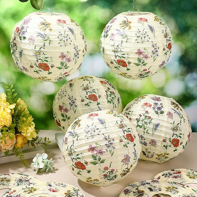 Honoson 12 Pcs Floral Paper Lanterns Tea Party Decorations Flower Wildflower Spring Birthday Party Decoration Flower 10 Inch Hanging Round Paper Lanterns for Wedding Bridal Shower Baby Shower Decor