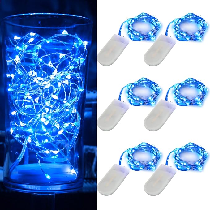 6 Pack 7Ft Starry String Lights No Remote Fairy String Lights, 20 LEDs Blue | Micro Starry LEDs,CR2032 Batteries Included,Waterproof Silver Wire,LED Firefly Lights for Wedding,Party,Christmas Table Décor