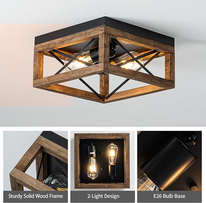 MAYNA Farmhouse Flush Mount Ceiling Light, 2-Light Rustic Ceiling Light with Metal and Wood, Farmhouse Hallway Light Fixtures for Kitchen Entryway Bedroom Dining Room