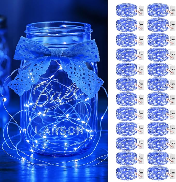 litogo 24 Pack Blue Fairy Lights Battery Operated with Timer, 20 LED 3 Modes Twinkle Light, 7ft Waterproof Silver Wire Mini Small Bulk Mason Jar String Light, Decor for Wedding Party Christmas